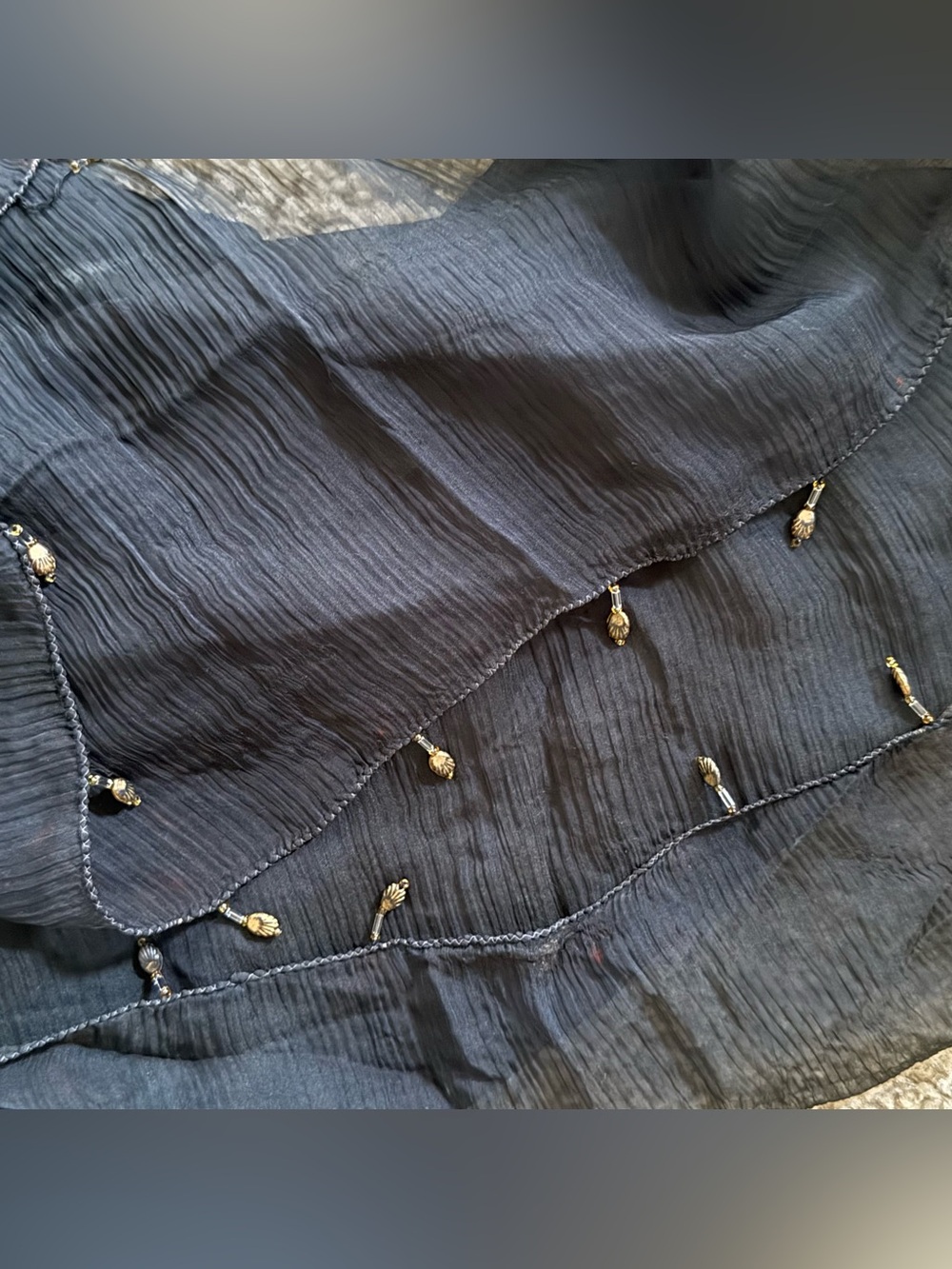 Vintage Black Belly Dance Style Veil Scarf Gold Bead Trim Festival Boho 85 x 40